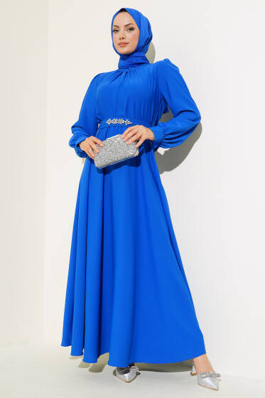 Kuşağı Taşlı Elbise Saks - Elbise