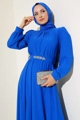 Kuşağı Taşlı Elbise Saks - Tesettür Elbise