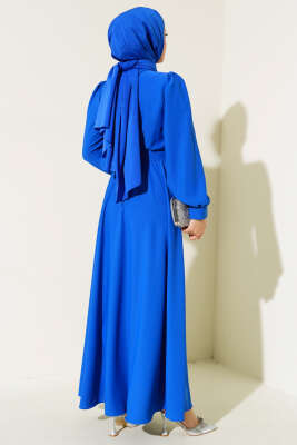 Kuşağı Taşlı Elbise Saks - Tesettür Elbise