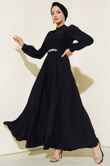 Kuşağı Taşlı Elbise Siyah - Tesettür Elbise