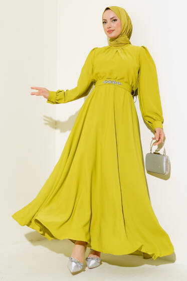 Kuşağı Taşlı Elbise Yağ Yeşili - Elbise