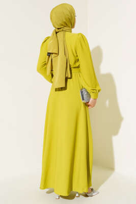 Kuşağı Taşlı Elbise Yağ Yeşili - Tesettür Elbise