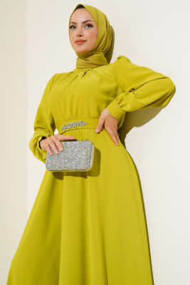 Kuşağı Taşlı Elbise Yağ Yeşili - Tesettür Elbise