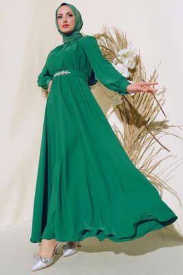Kuşağı Taşlı Elbise Yeşil - Thumbnail