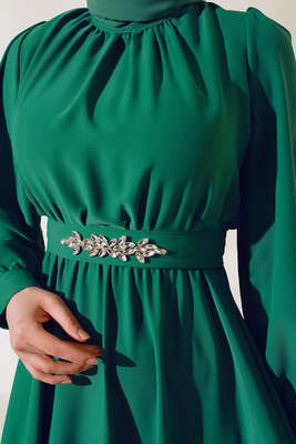 Kuşağı Taşlı Elbise Yeşil - Thumbnail