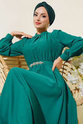Kuşağı Taşlı Elbise Zümrüt Yeşili - Thumbnail