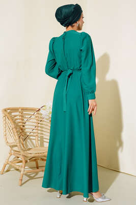 Kuşağı Taşlı Elbise Zümrüt Yeşili - Thumbnail