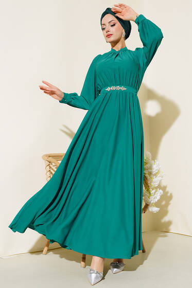 Kuşağı Taşlı Elbise Zümrüt Yeşili - Tesettür Elbise