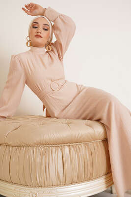 Kuşağı Tokalı Elbise Bej - Thumbnail