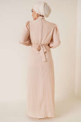 Kuşağı Tokalı Elbise Bej - Thumbnail