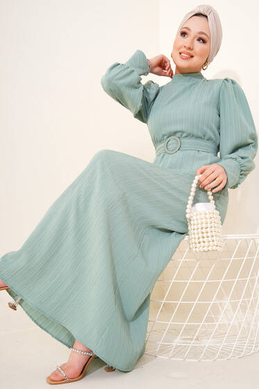 Kuşağı Tokalı Elbise Mint Yeşil - Tesettür Elbise