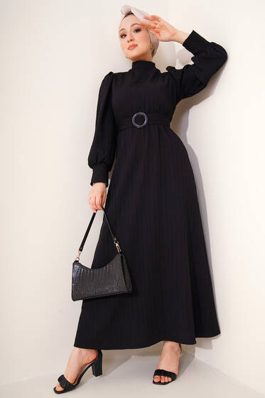 Kuşağı Tokalı Elbise Siyah - Tesettür Elbise