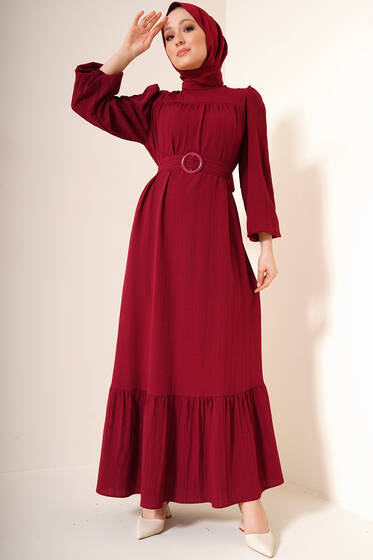 Kuşağı Tokalı Elbse Bordo - Uzun Elbise