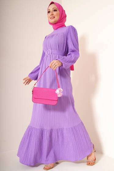 Kuşağı Tokalı Elbse Lila - Uzun Elbise
