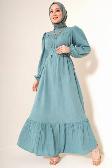 Kuşağı Tokalı Elbse Mint Yeşili - Uzun Elbise