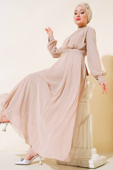 Kuşağı Tül Detaylı Şifon Elbise Bej - Tesettür Elbise
