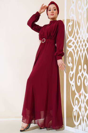Kuşağı Tül Detaylı Şifon Elbise Bordo - Elbise