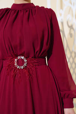 Kuşağı Tül Detaylı Şifon Elbise Bordo - Thumbnail