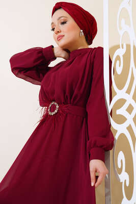 Kuşağı Tül Detaylı Şifon Elbise Bordo - Tesettür Elbise