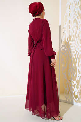 Kuşağı Tül Detaylı Şifon Elbise Bordo - Tesettür Elbise