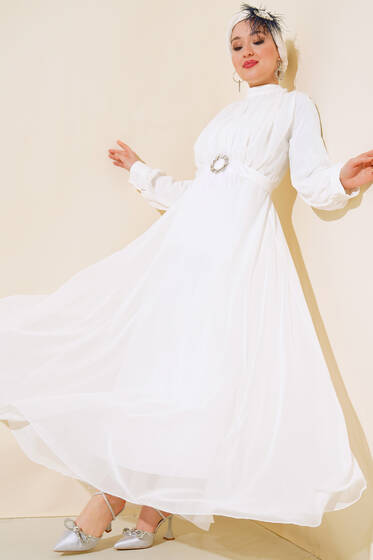 Kuşağı Tül Detaylı Şifon Elbise Ekru - Tesettür Elbise