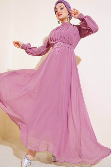 Kuşağı Tül Detaylı Şifon Elbise Gül Kurusu - Tesettür Elbise