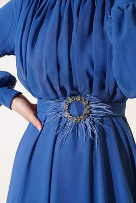 Kuşağı Tül Detaylı Şifon Elbise İndigo - Thumbnail