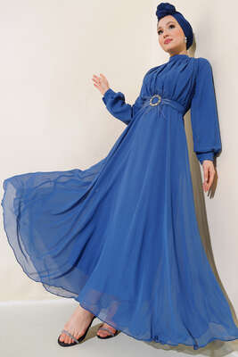 Kuşağı Tül Detaylı Şifon Elbise İndigo 