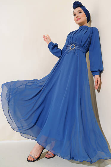Kuşağı Tül Detaylı Şifon Elbise İndigo - Tesettür Elbise
