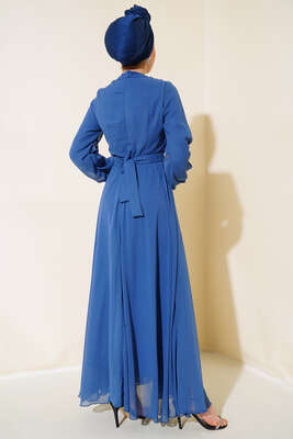 Kuşağı Tül Detaylı Şifon Elbise İndigo - Tesettür Elbise