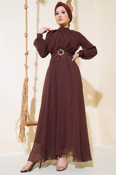 Kuşağı Tül Detaylı Şifon Elbise Kahve - Elbise