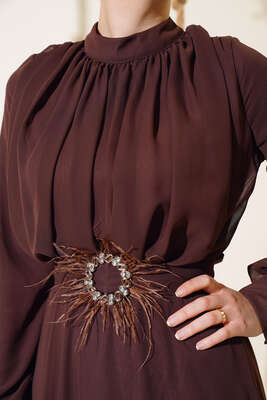 Kuşağı Tül Detaylı Şifon Elbise Kahve - Thumbnail
