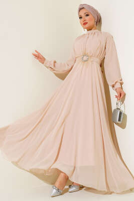 Kuşağı Tül Detaylı Şifon Elbise Krem - BERAT TEKSTİL