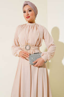 Kuşağı Tül Detaylı Şifon Elbise Krem - Tesettür Elbise