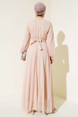 Kuşağı Tül Detaylı Şifon Elbise Krem - Tesettür Elbise