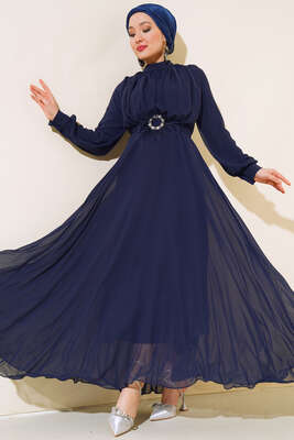 Kuşağı Tül Detaylı Şifon Elbise Lacivert - Thumbnail