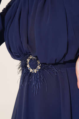 Kuşağı Tül Detaylı Şifon Elbise Lacivert - Thumbnail