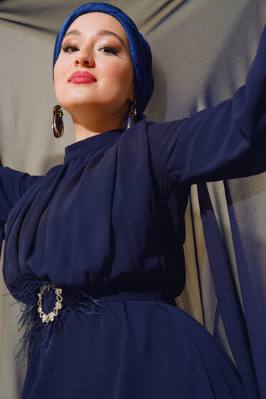 Kuşağı Tül Detaylı Şifon Elbise Lacivert - Tesettür Elbise
