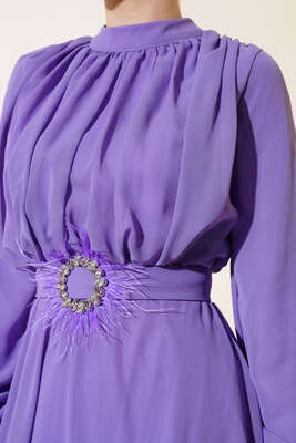 Kuşağı Tül Detaylı Şifon Elbise Lila - Thumbnail