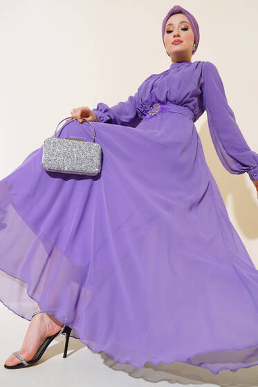Kuşağı Tül Detaylı Şifon Elbise Lila - Tesettür Elbise