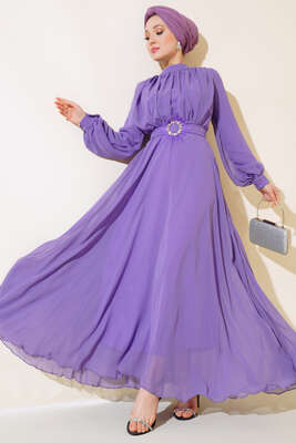 Kuşağı Tül Detaylı Şifon Elbise Lila - Tesettür Elbise