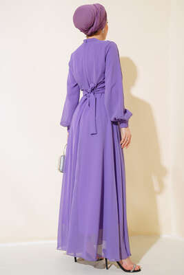 Kuşağı Tül Detaylı Şifon Elbise Lila - Tesettür Elbise