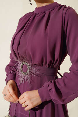 Kuşağı Tül Detaylı Şifon Elbise Magenta - Thumbnail