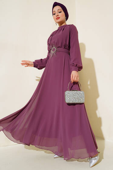 Kuşağı Tül Detaylı Şifon Elbise Magenta - Tesettür Elbise