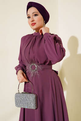 Kuşağı Tül Detaylı Şifon Elbise Magenta - Tesettür Elbise