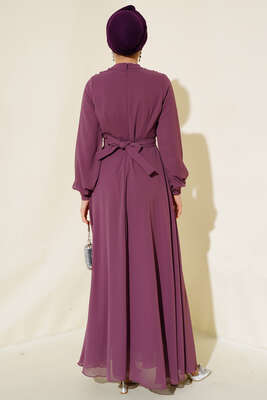 Kuşağı Tül Detaylı Şifon Elbise Magenta - Tesettür Elbise