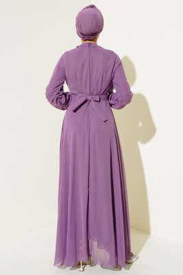 Kuşağı Tül Detaylı Şifon Elbise Menekşe - Tesettür Elbise