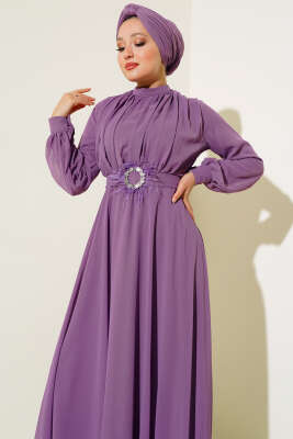 Kuşağı Tül Detaylı Şifon Elbise Menekşe - Tesettür Elbise