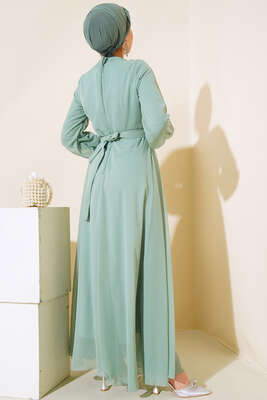 Kuşağı Tül Detaylı Şifon Elbise Mint - Thumbnail