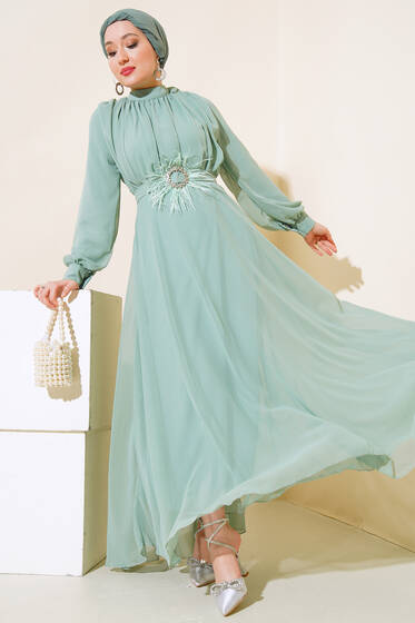 Kuşağı Tül Detaylı Şifon Elbise Mint - Tesettür Elbise